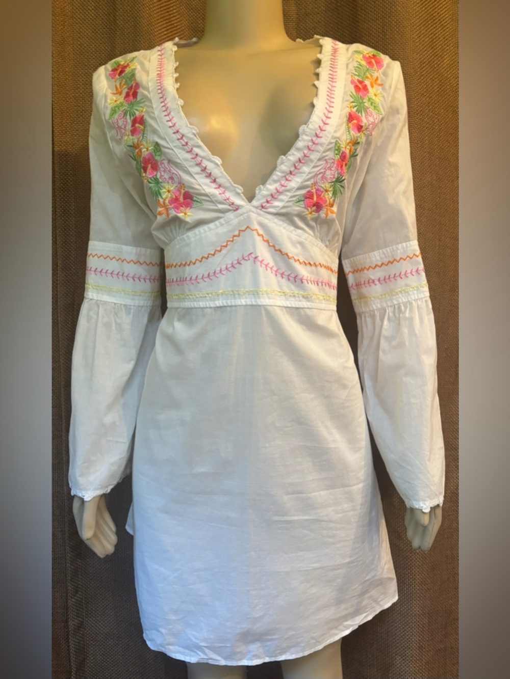 White Embroidered V-Neck Dress/Cover Up with Floral Accents